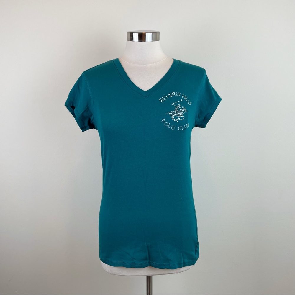 Beverly Hills Polo Club Solid Green Short Sleeve Tee Shirt Top Women Medium